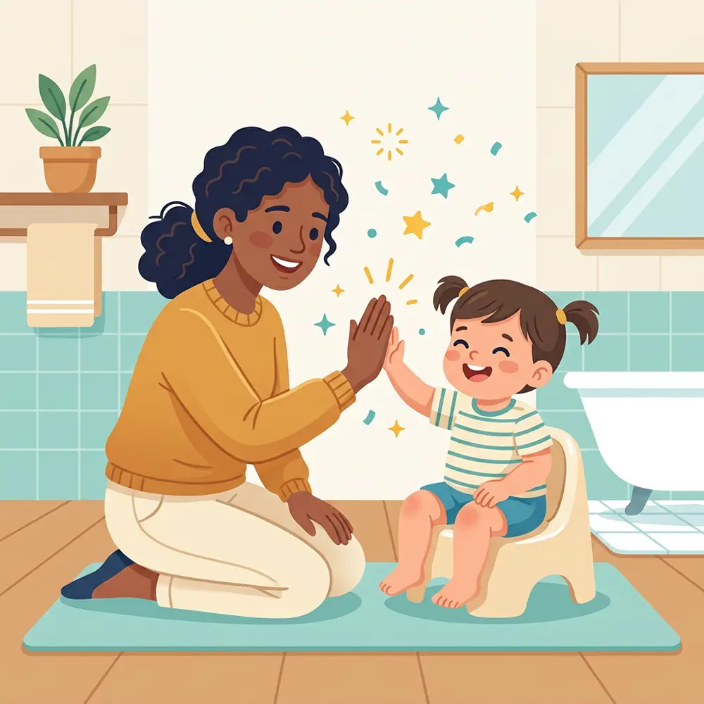 A parent giving their toddler a high-five while they sit on their potty